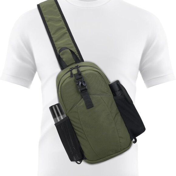 Nylon Army Green Crossbody Sling Bag with Multiple Pockets and Adjustable Strap - Picture 1 of 9